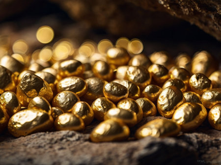 Pile of gold nuggets on a dark background. Selective focus.の素材