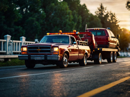 Tow trucks on the road in the evening. Traffic accident.の素材