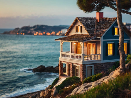 Beautiful house on the beach at sunset. Toned image.の素材