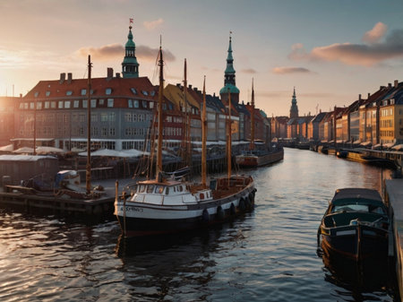 Copenhagen, Denmark. Old town at sunset. Panoramic view.の素材