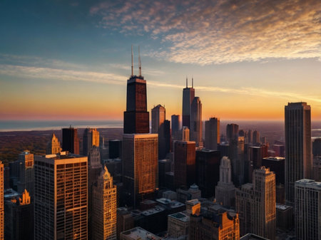 Chicago skyline with skyscrapers at sunset, Illinois, USA.の素材