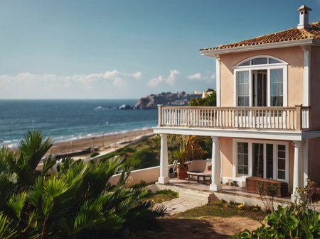 Beautiful villa on the background of the sea and the blue skyの素材