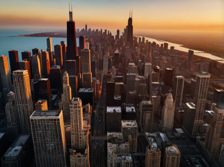 Aerial view of Chicago skyline at sunset, Illinois, USA.の素材
