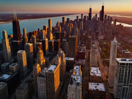 Aerial view of Chicago skyline at sunset, Illinois, USA.の素材