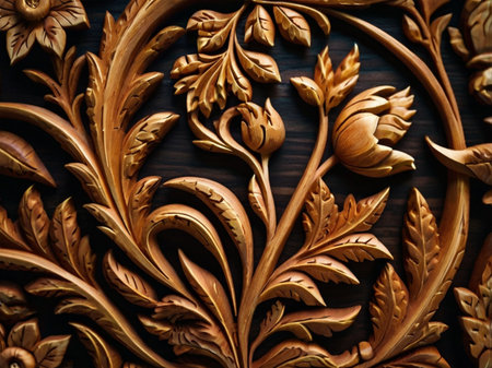 Beautiful carved wooden ornament on wooden background. Selective focus.の素材