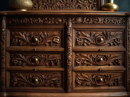 Wooden chest of drawers with carved ornaments closeupの素材