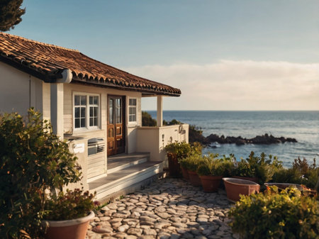 View of the sea from the terrace of an old house.の素材