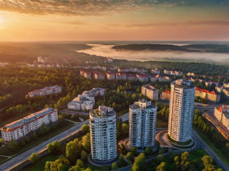 Aerial view of the city of Minsk at sunrise, Belarusの素材