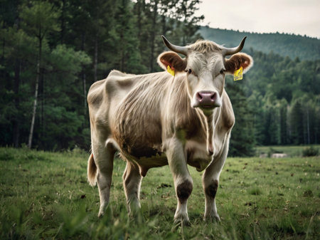 Cows in the meadow on the background of forest and mountainsの素材