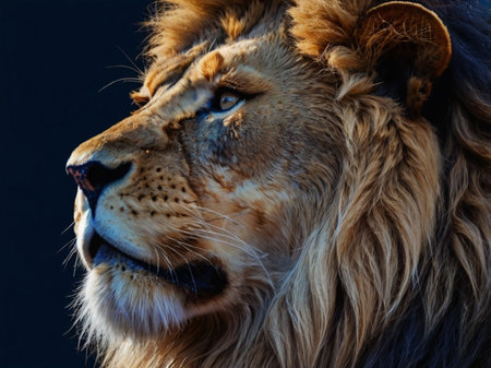 Portrait of a lion on a black background, close-upの素材