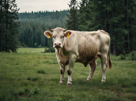 White cow on a green meadow in the Carpathians.の素材