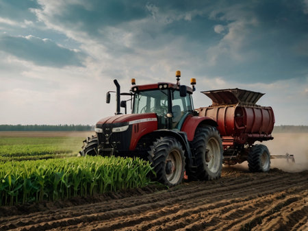 Tractor spraying pesticides on corn field with sprayer at springの素材