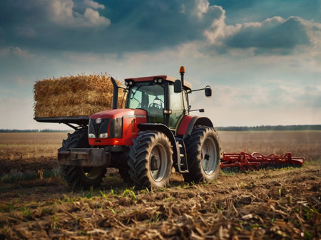 Agricultural tractor with hay bales on the field in the eveningの素材