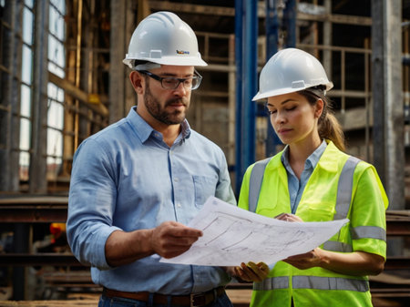 Architect and engineer discussing over blueprint at construction site. Selective focus.の素材