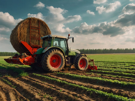 Tractor with a hay bale on the field. Agricultural machineryの素材