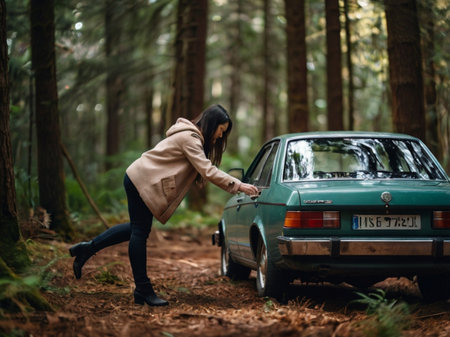 Beautiful young woman in a raincoat is pushing a vintage car in the forest.の素材