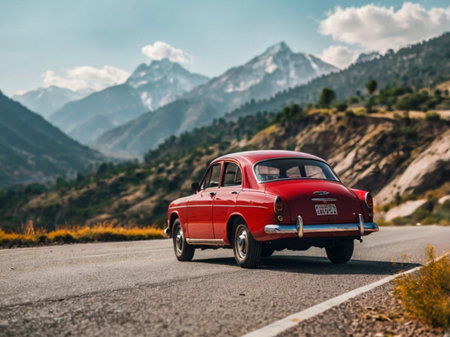 Red vintage car on the road at San Sebastian, Spainの素材