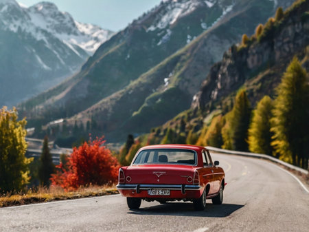 Rear view of an old american car on a mountain road in the Swiss Alps.の素材