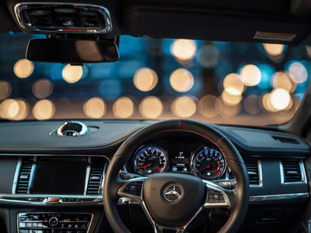 Interior of a modern car, steering wheel and dashboard. Selective focus.の素材