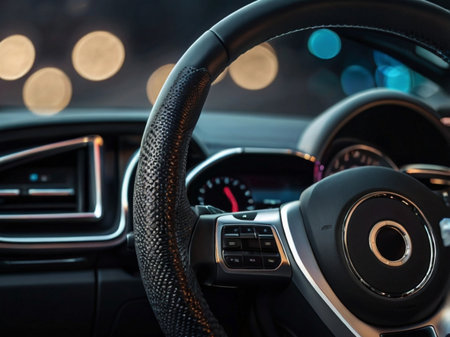Interior of modern car. Steering wheel and steering wheel.の素材