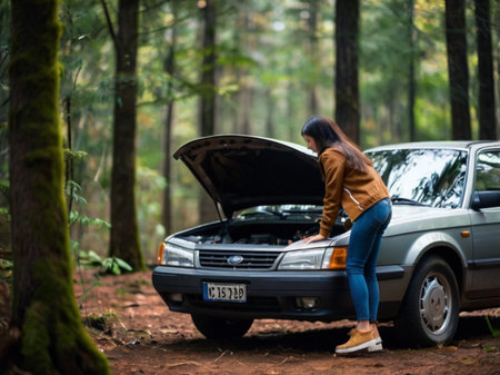 Young woman with broken down car in the forest. Travel concept.の素材
