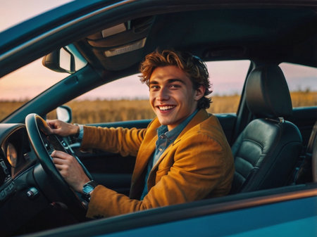 Smiling young man driving a car on a sunny day in autumnの素材