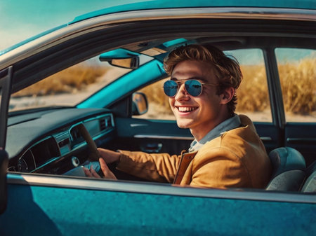 portrait of smiling young man in sunglasses driving car on road tripの素材