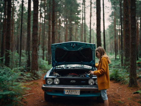 A girl in a yellow coat stands next to an old car in the forest.の素材