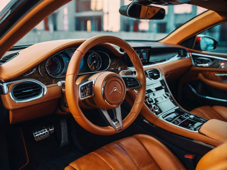 Interior of a luxury car. Steering wheel and dashboard.の素材