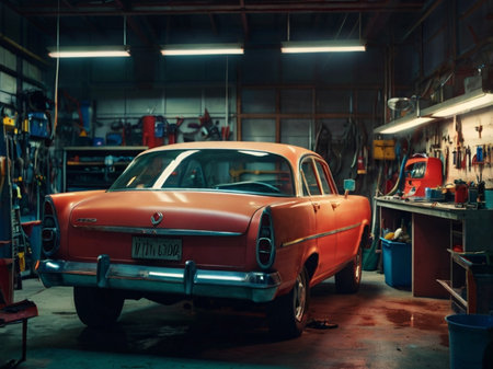 Old car in auto repair shop. Retro car in garage. Auto service industry.の素材