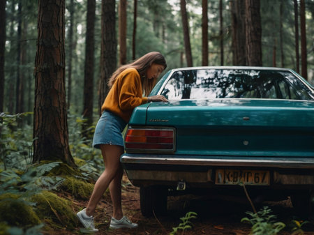 A young woman in a yellow sweater is standing next to an old car in the forest.の素材