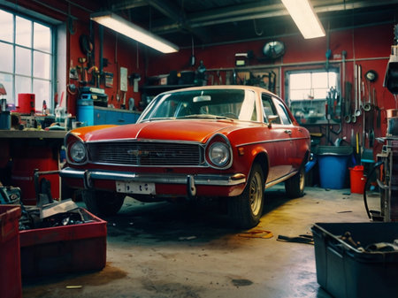 Vintage car in garage. Retro car in old garage. Auto serviceの素材
