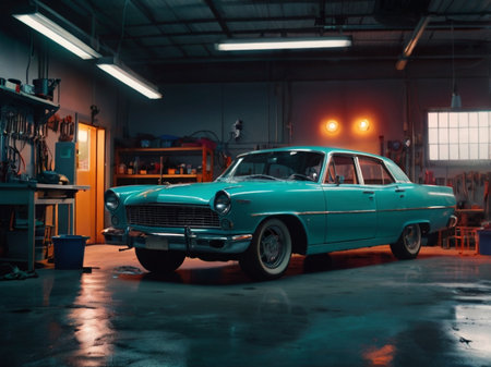 Vintage american car in auto repair shop. Auto service industry.の素材