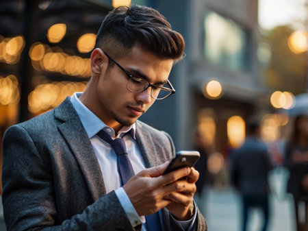 Portrait of a young businessman using his mobile phone in the cityの素材