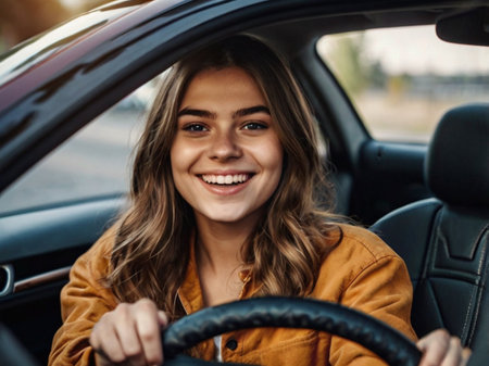 Close up portrait of a happy young woman driving a car on the roadの素材