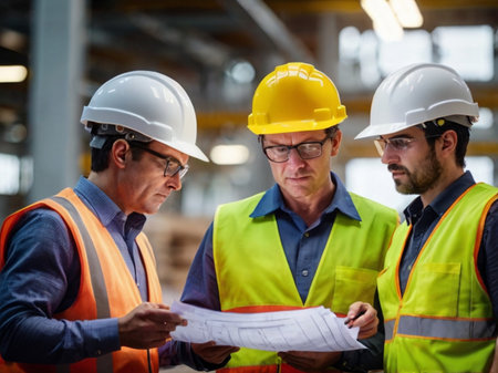 Portrait of engineers discussing over blueprint in warehouse. This is a freight transportation and distribution warehouse. Industrial and industrial workers conceptの素材