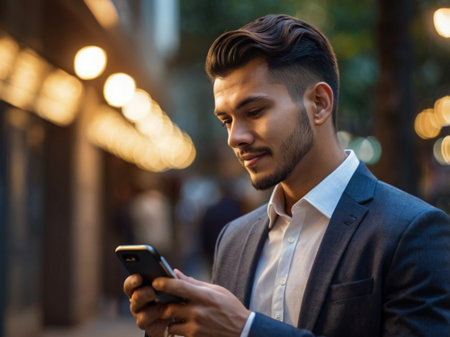 Handsome young businessman using mobile phone in the city at nightの素材