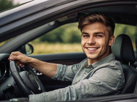 Handsome young man smiling while driving a car in the cityの素材