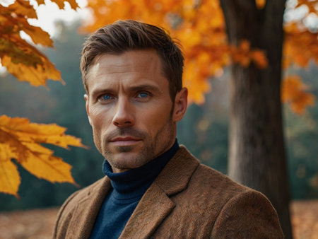 Portrait of a handsome man in the autumn park. Men's beauty, fashion.の素材