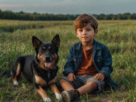 Portrait of a boy with a dog in the field at sunsetの素材