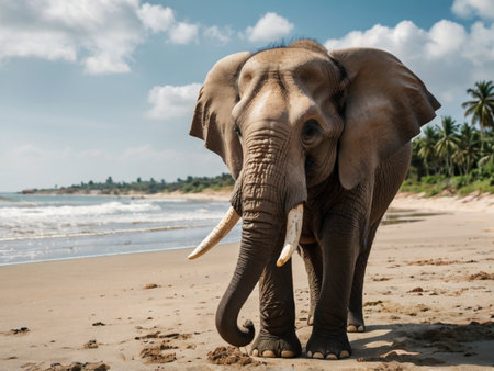 Elephant on the beach. Sri Lanka. An excellent illustration.の素材