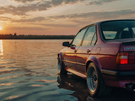 Car on the river bank at sunset in the rays of the setting sunの素材