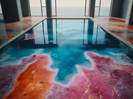 Modern interior of an office building with a glass wall and a poolの素材