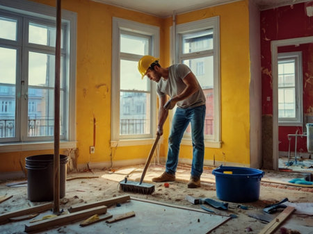 Construction worker mowing the floor in the apartment. Renovation concept.の素材