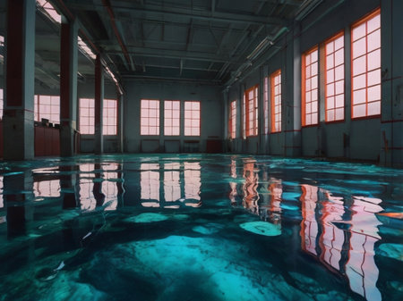 Interior of an old factory building with reflections in a swimming poolの素材