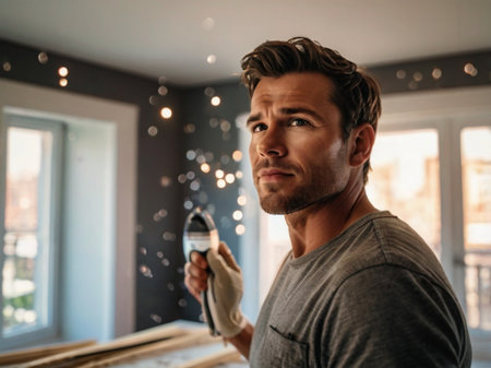 Portrait of a handsome young man holding an electric screwdriver in his hand and looking awayの素材