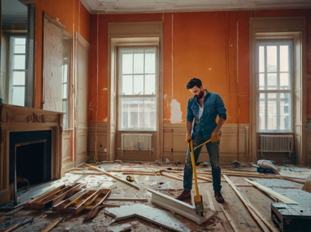 Handsome young man in blue jacket and eyeglasses using a spirit level while renovating an old houseの素材