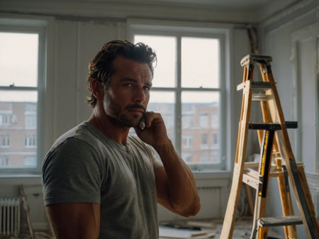 Thoughtful man looking away while leaning on ladder in new apartmentの素材