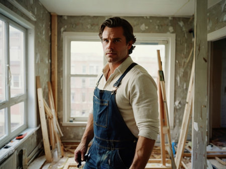 Portrait of a handsome carpenter in overalls standing in his workshopの素材
