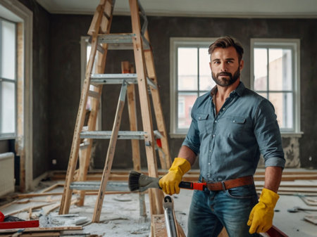 Portrait of a handsome bearded man in a blue shirt and yellow rubber gloves.の素材